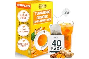 LeafLea 40 Turmeric Ginger Cinnamon Tea Bags, 100% Natural Ingredients Herbal Tea, Turmeric Ginger Herbal Blend for Wellness, Vegan, No Sugar, Caffeine-Free, Individually Wrapped for Freshness