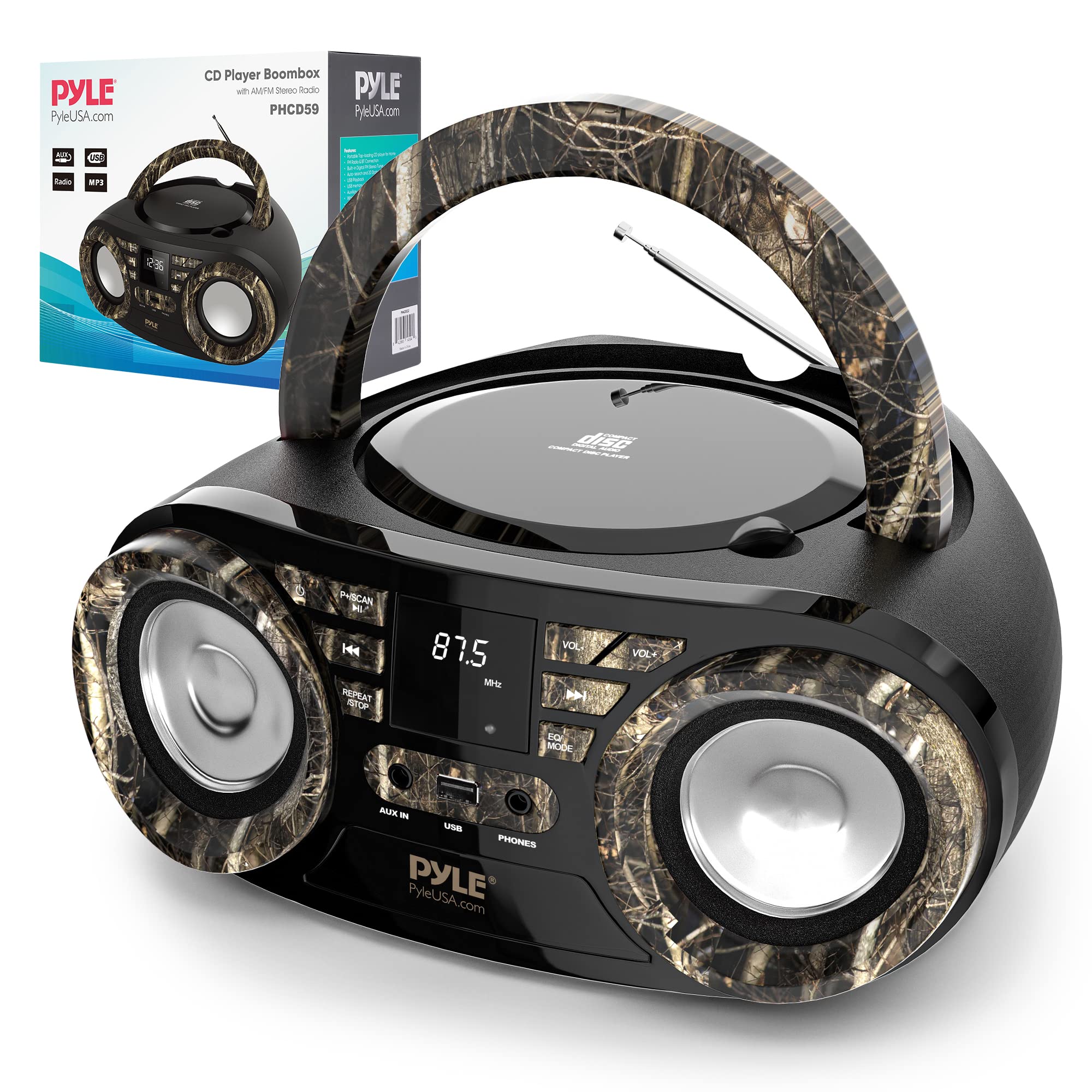 Photo 1 of *USED*
Pyle Portable CD Player Bluetooth Boombox Speaker-AM/FM Stereo Radio&Audio Sound,Supports CD-R-RW/MP3/WMA,USB,AUX,Headphone,LED Display,AC/Battery Powered,Real Tree-Pyle PHCD59.5