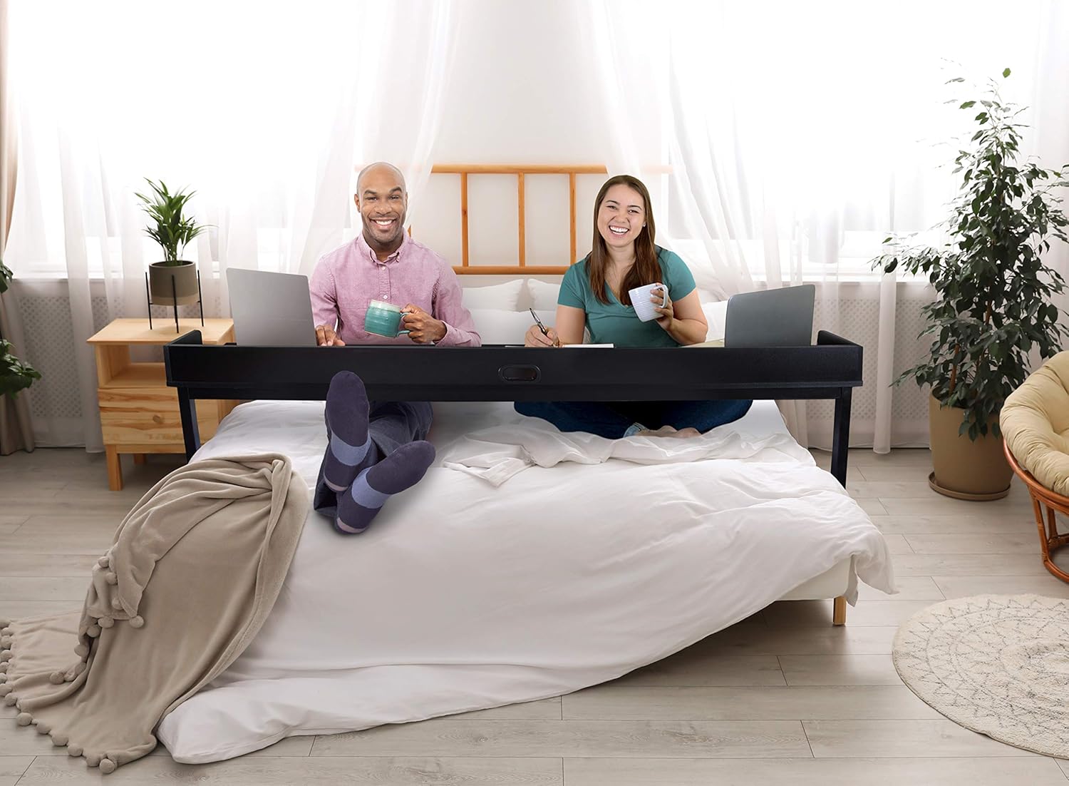 Joy Overbed Table with Wheels | Height Adjustable Rolling Bed Desk for Full/Queen Beds | Mobile Multi-Functional Table | Great for Bedroom, Dining Room, Living Room (Height: 40" - 46" / Black): Kitchen & Dining