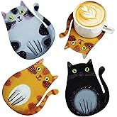 Cartoon Cat Coasters 3-Pack, Super Cute Absorbent Felt Coasters for Drinks, Non-Slip Scratch Protection for Wood Tables, Washable Rugged Coaster Set with Holder, Fun Gift for Cat Lovers (3PC)