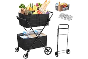 Spurgehom 2-Tier Shopping Cart with Wheels Folding Grocery Cart with Removable Double Baskets 360° Rolling Laundry Cart Compact Pet Stroller Utility Cart for Groceries with Oxford Cloth Liner, Black