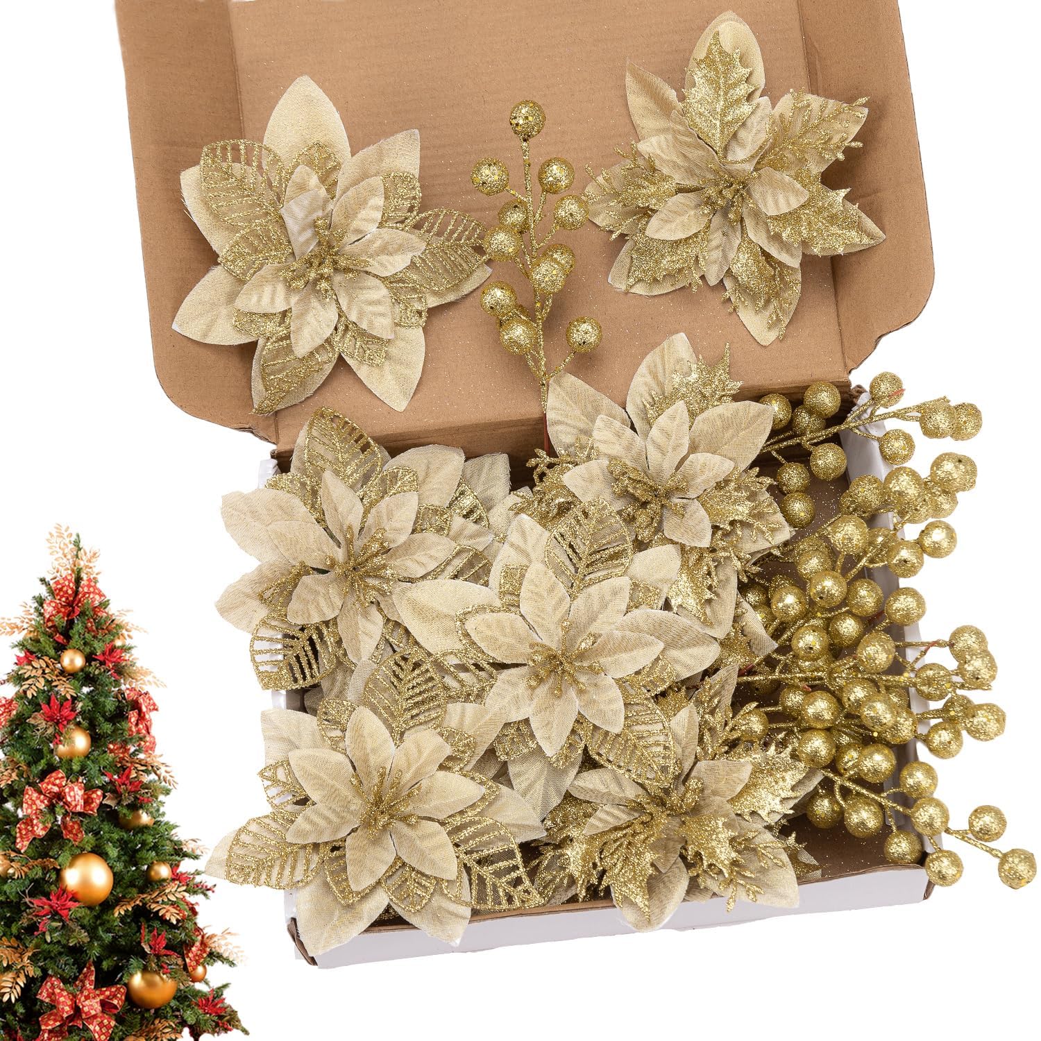 Photo 1 of 24 Pcs Gold Boxed Christmas Poinsettia Flowers Set, 16 Pcs Artificial Poinsettias with Clips, 8 pcs Glitter Christmas Tree Ornaments Berry Stems for Wedding Home Holiday Xmas New Year Decorations
