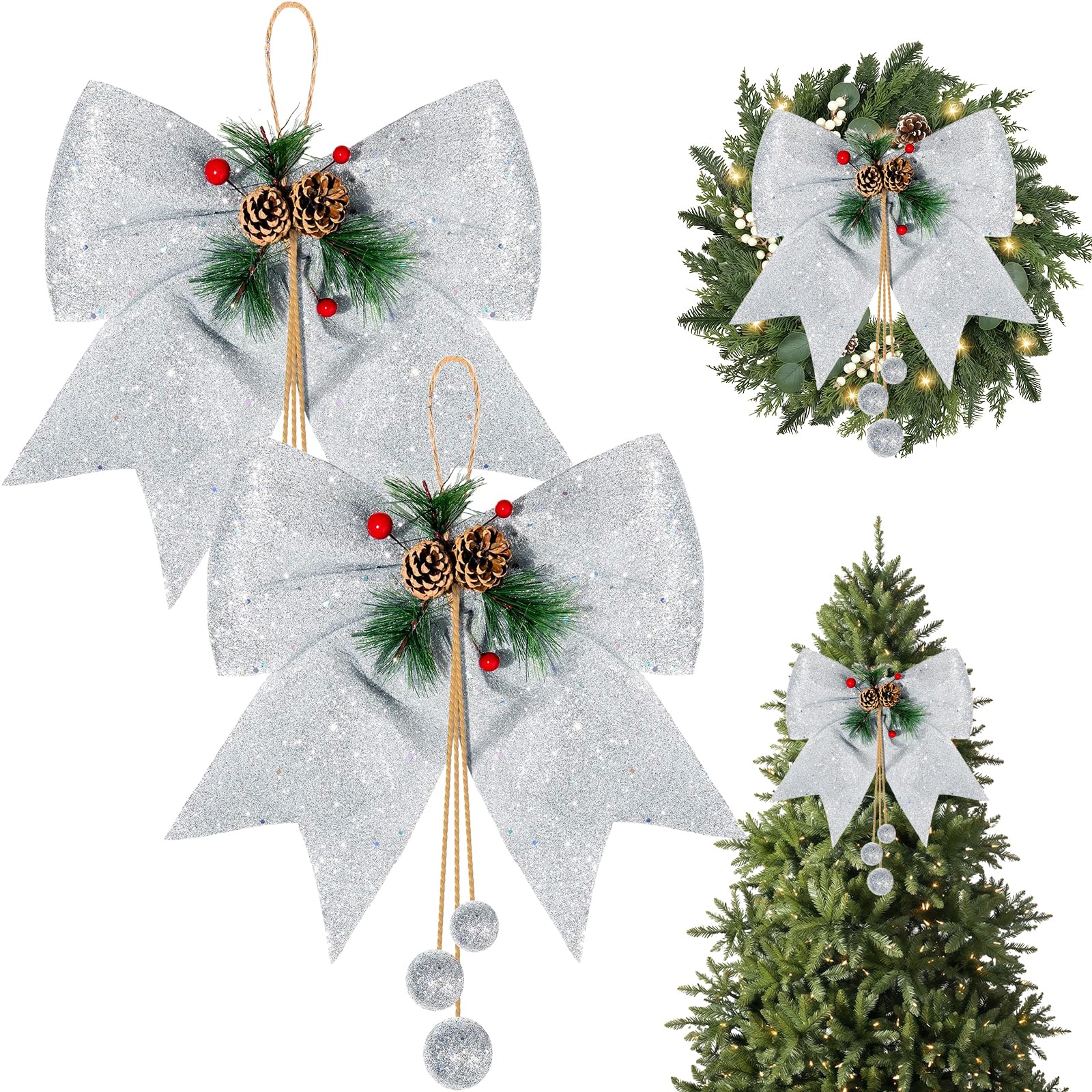 2 Pack Large Glitter Christmas Bows Silver,11.8inch Glitter Bows for Christmas Tree Decorations,Wreaths Bows,Sequin Bow Ties Tree Wreaths Ornament for Home Xmas Party