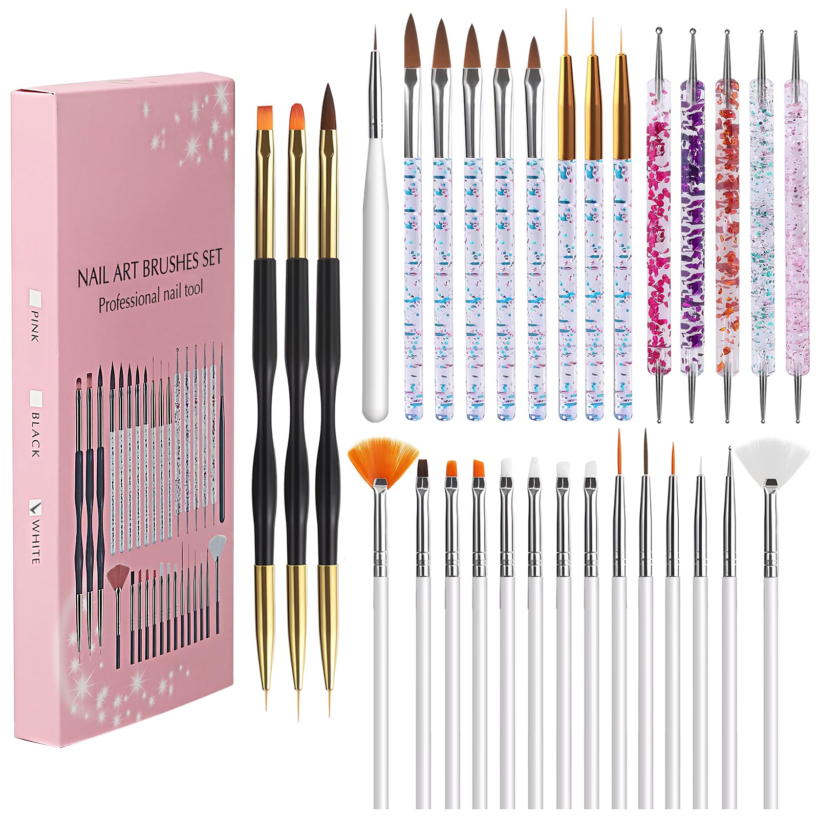 31Pcs Nail Art Brushes Set, Professional Nail Brush Dotting Tools Kit, Nail Striper Brush Acrylic Nail Brush Nail Painting Brush Fine Line Nail Brushes Nail Dust Brush for DIY (N31 White)