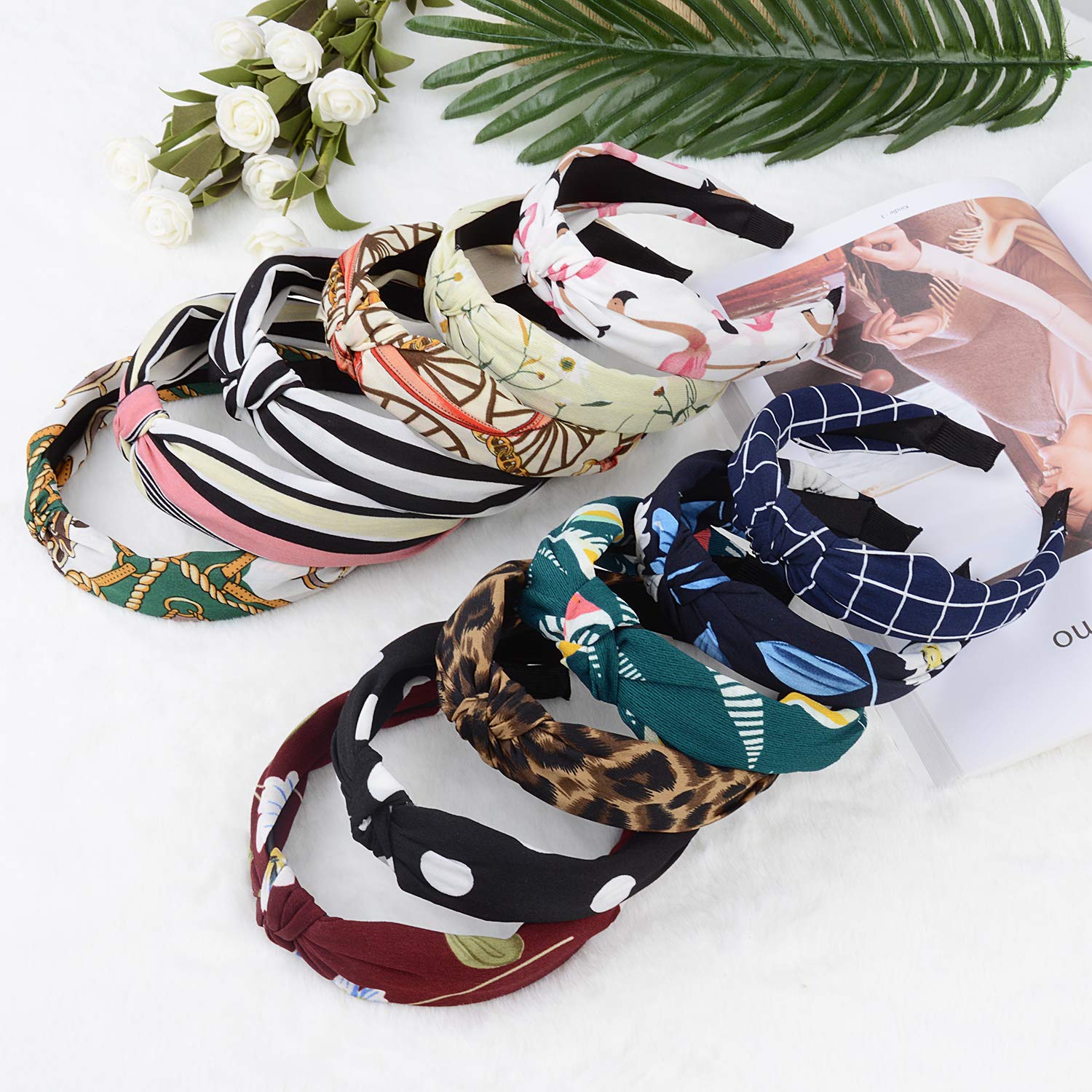 Knotted Headbands, Fascigirl 12PCS Twist Cross Knot Bowknot Cloth Hair Bands Turban Floral Print Hair Hoop for Women Girl Yoga Working