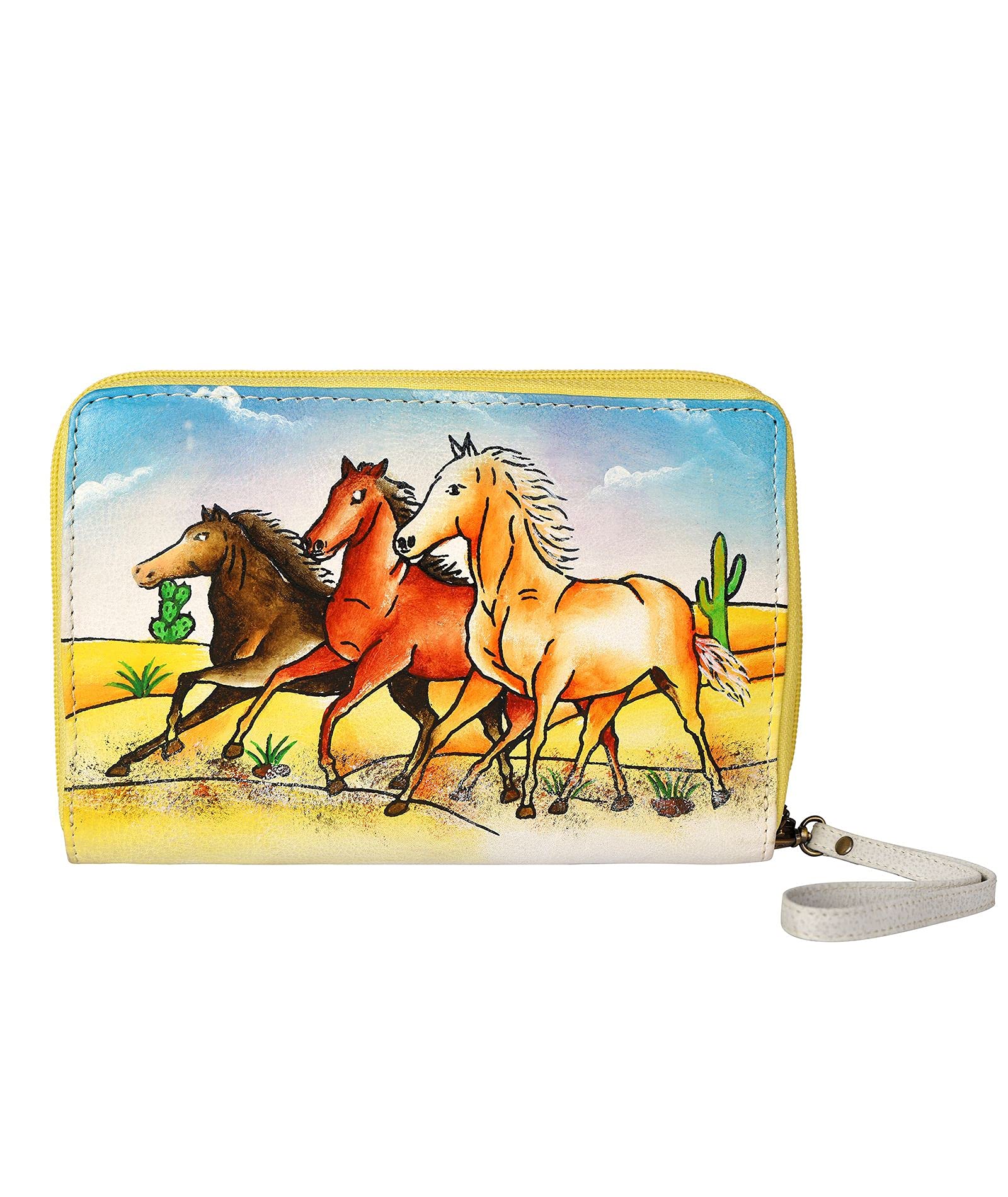 Designer Hand Painted Genuine Real Nappa Leather Handmade Women Ladies Purse Card Women Wallet Zip Pocket (Yellow)