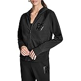 DKNY womens Stacked Satin Full Zip Logo Hoodie With Pockets