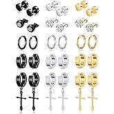 Ofeiyaa 15 Pairs Stainless Steel Dangle Hinged Earrings Hoop Huggie Earrings CZ Stud Earrings Set for Men Women Ear Piercing Jewelry Silver Black Gold Tone