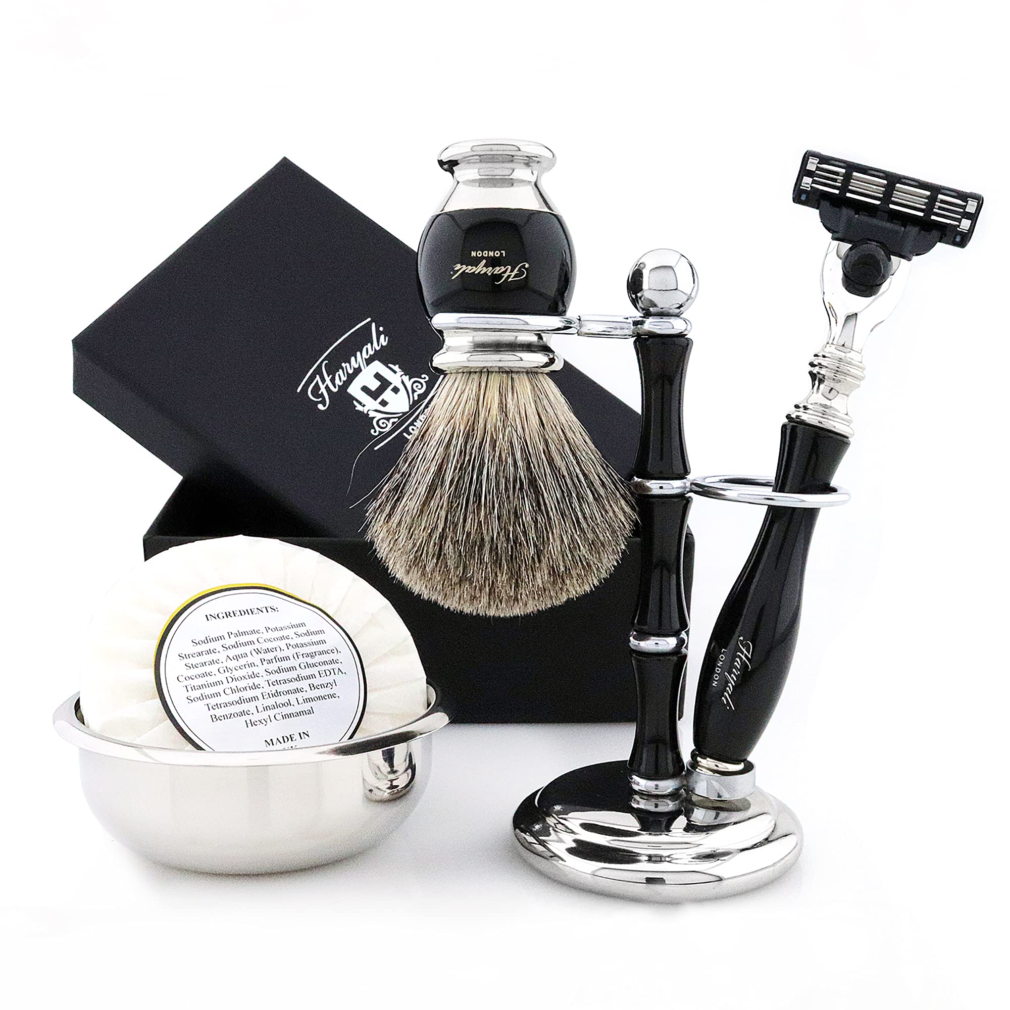 Haryali London, 5 Pcs Wet Shave Kit – Complete Shaving Set with 3 Edge Safety Razor, Shaving Soap, Shaving Brush, Bowl & Stand – Traditional Shaving Set for Men