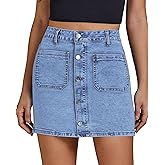 luvamia Jean Skirts for Women Denim High Waisted Trendy Stretchy Mini Button Front Short Pencil Skirt with Patch Pockets