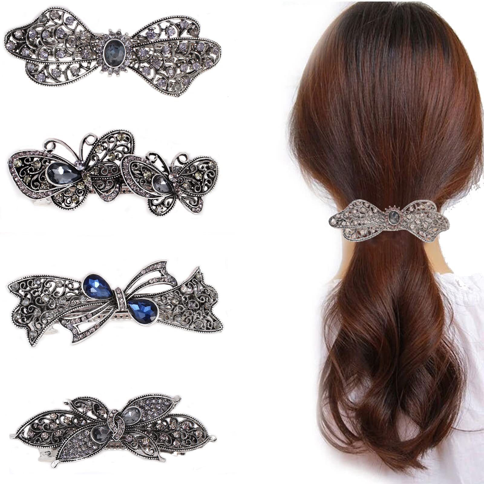 Retro Crystal Hairpins Crystal Butterfly Hairpins Butterfly Retro Crystal Fancy Hair Clamps Rhinestones French Hair Clip Butterfly Style Hair Clips Automatic Crystal Hair Clip 4 Pieces