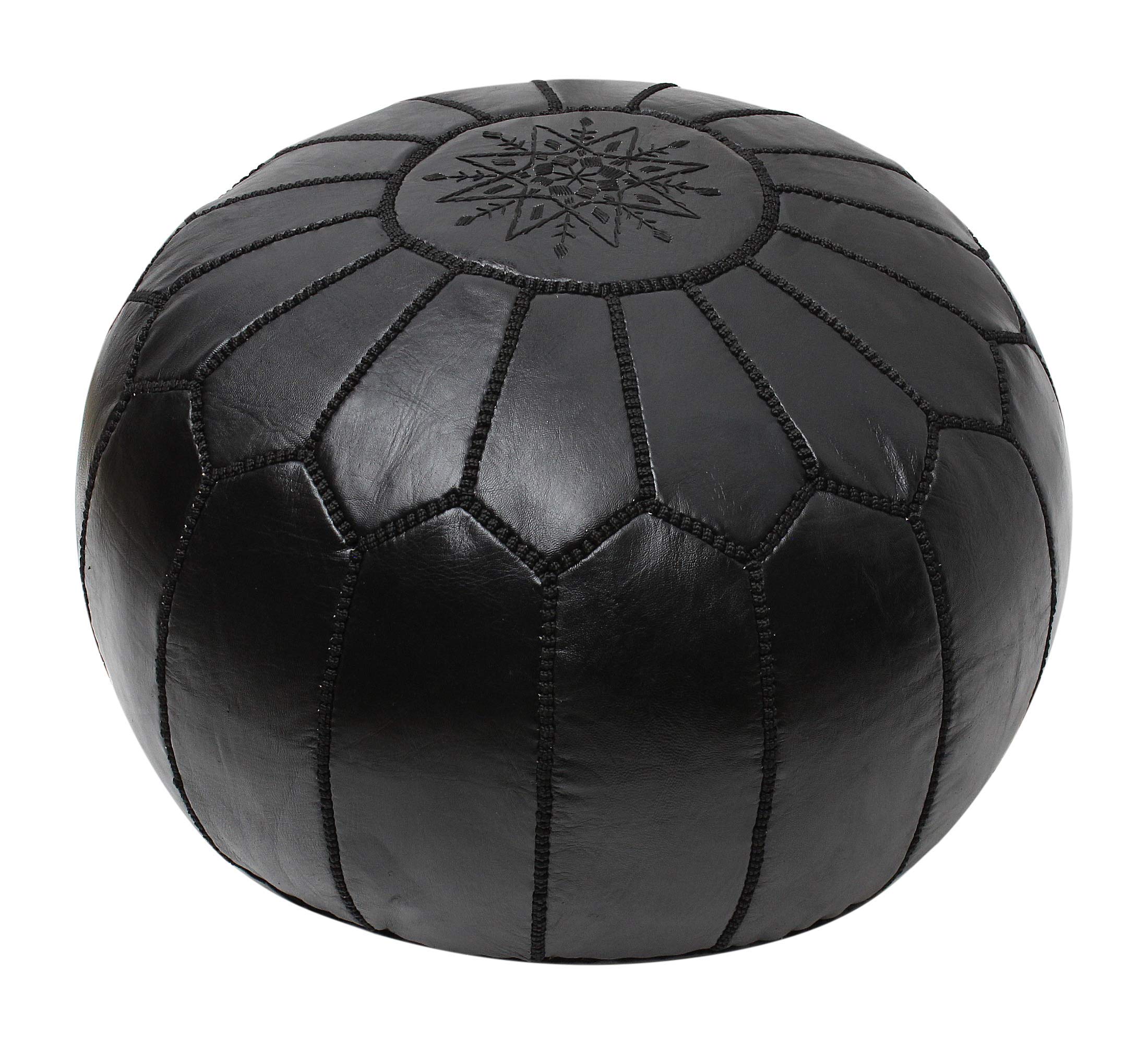 ESSENCE OF MOROCCO Moroccan Pouffe Pouf Footrest Footstool Ottoman Real Leather Black Handmade Hand-stitched with Embroidered Marrakech Design (COVER ONLY)