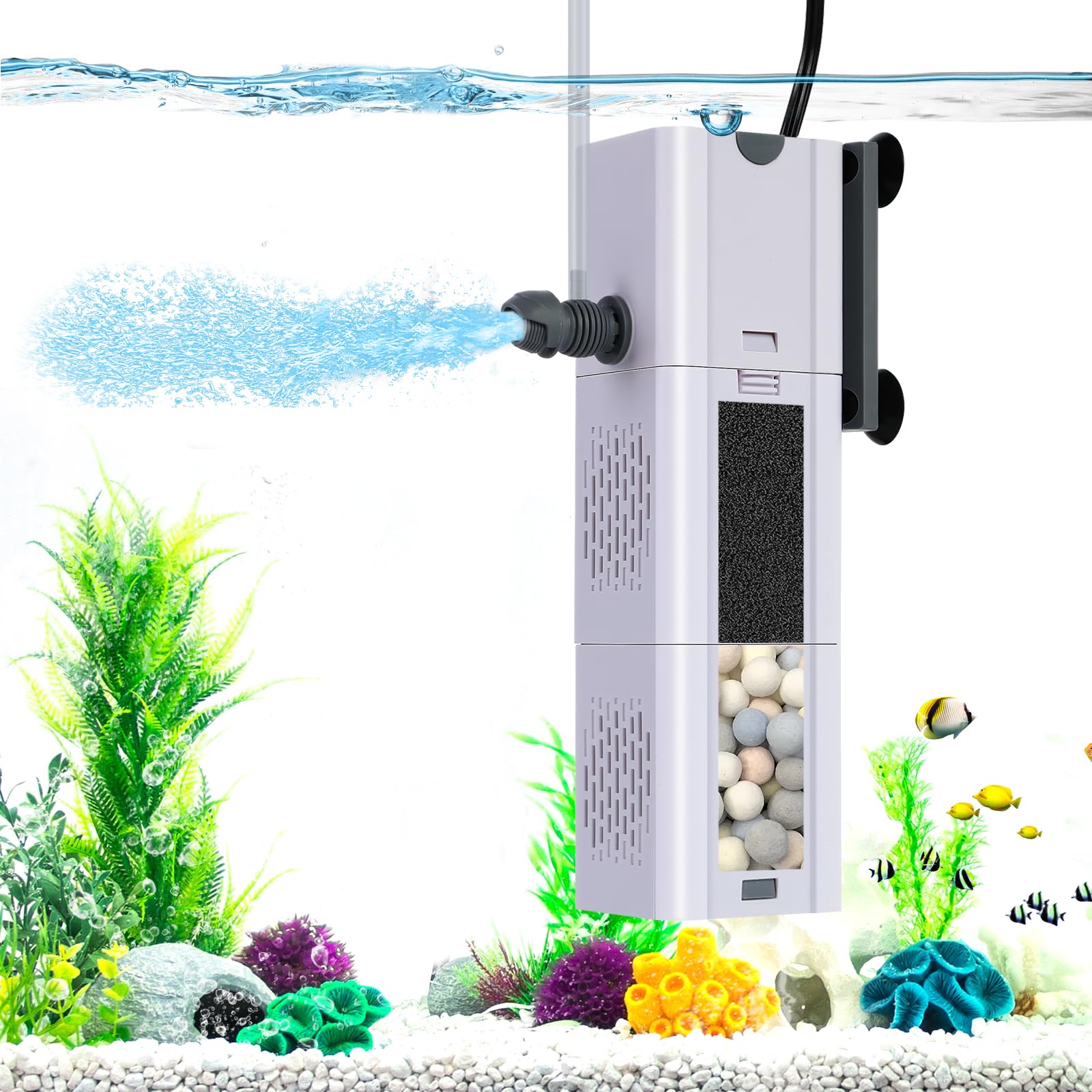 Photo 1 of 265 GPH 4-in-1 Aquarium Filter, 20-80 Gallon Fish Tank Filters Filtration and Oxygenation, Filter for Fish Tank with Biochemical Cotton, Ceramic Beads, Multi-Functional Turtle Tank Filter(15 W)