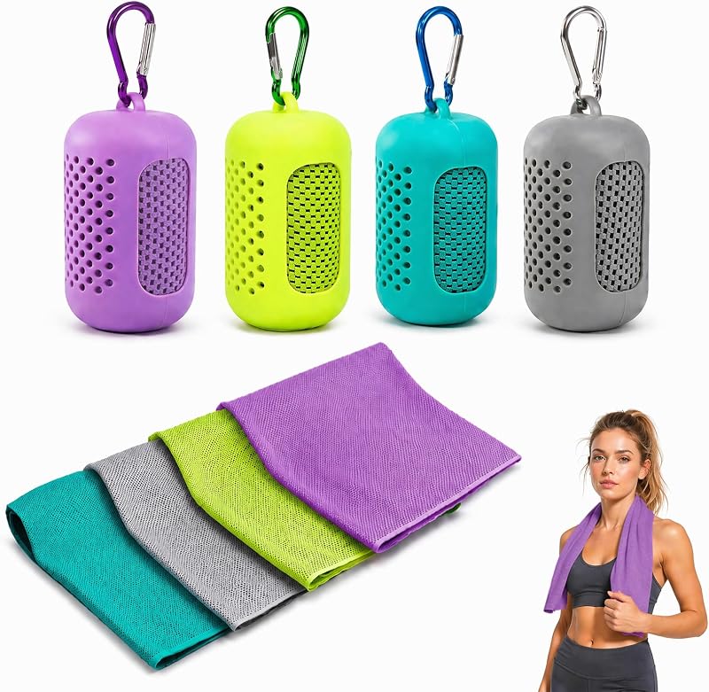 Serviette Rafraîchissante 4 Pièces,Cooling Towel Microfibre Séchage Rapide,Serviette Froide Respirante pour Sport Fitness Running Yoga,Serviette Sport Portable 30 x 90 cm avec Étui Silicone