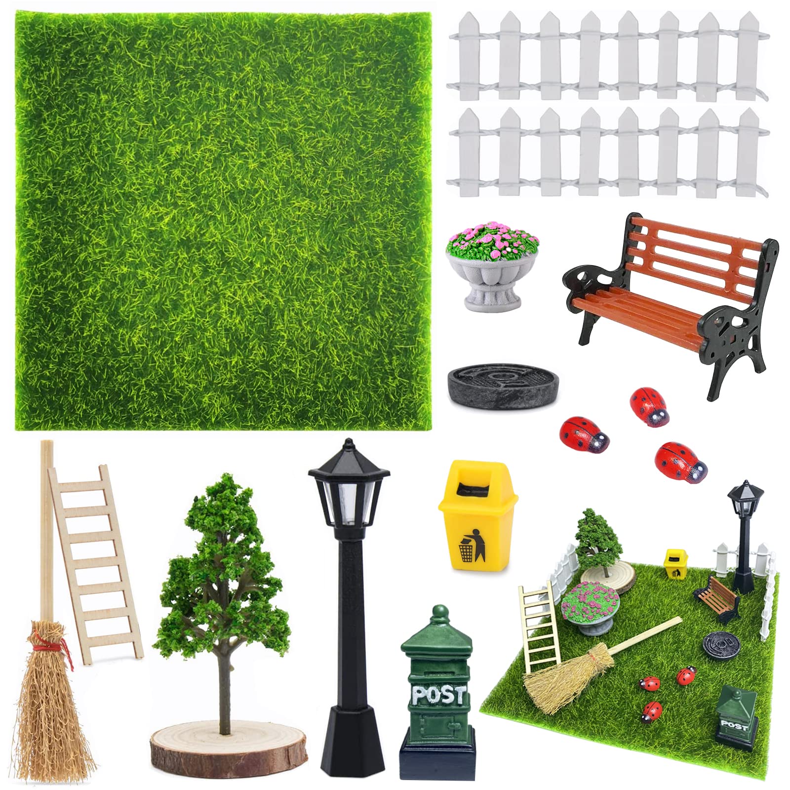 Pack of 15 Miniature Garden Accessories, Artificial Grass, Miniature Garden, Accessories with Miniature Artificial Grass, Fence, Mini Garden Furniture Decoration Set for Dollhouse, Fairy Garden