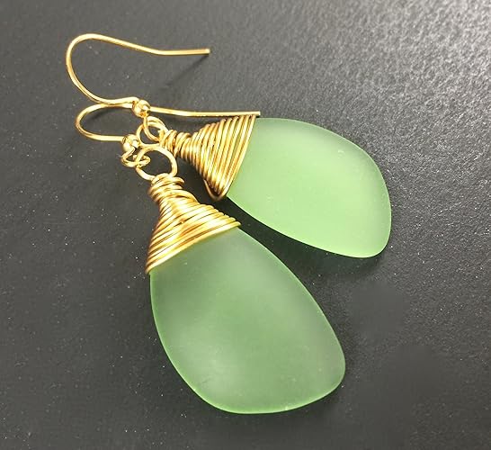 Sea Glass Jewelry Beach Glass Earrings Peridot Green Handmade Wire Wrapped Earrings Wing Drop Earrings