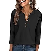 ANRABESS Women's 3/4 Sleeve Waffle Knit Tops V Neck Dressy Casual Button Loose Henley Shirts 2026 Spring Basic Tee Blouse