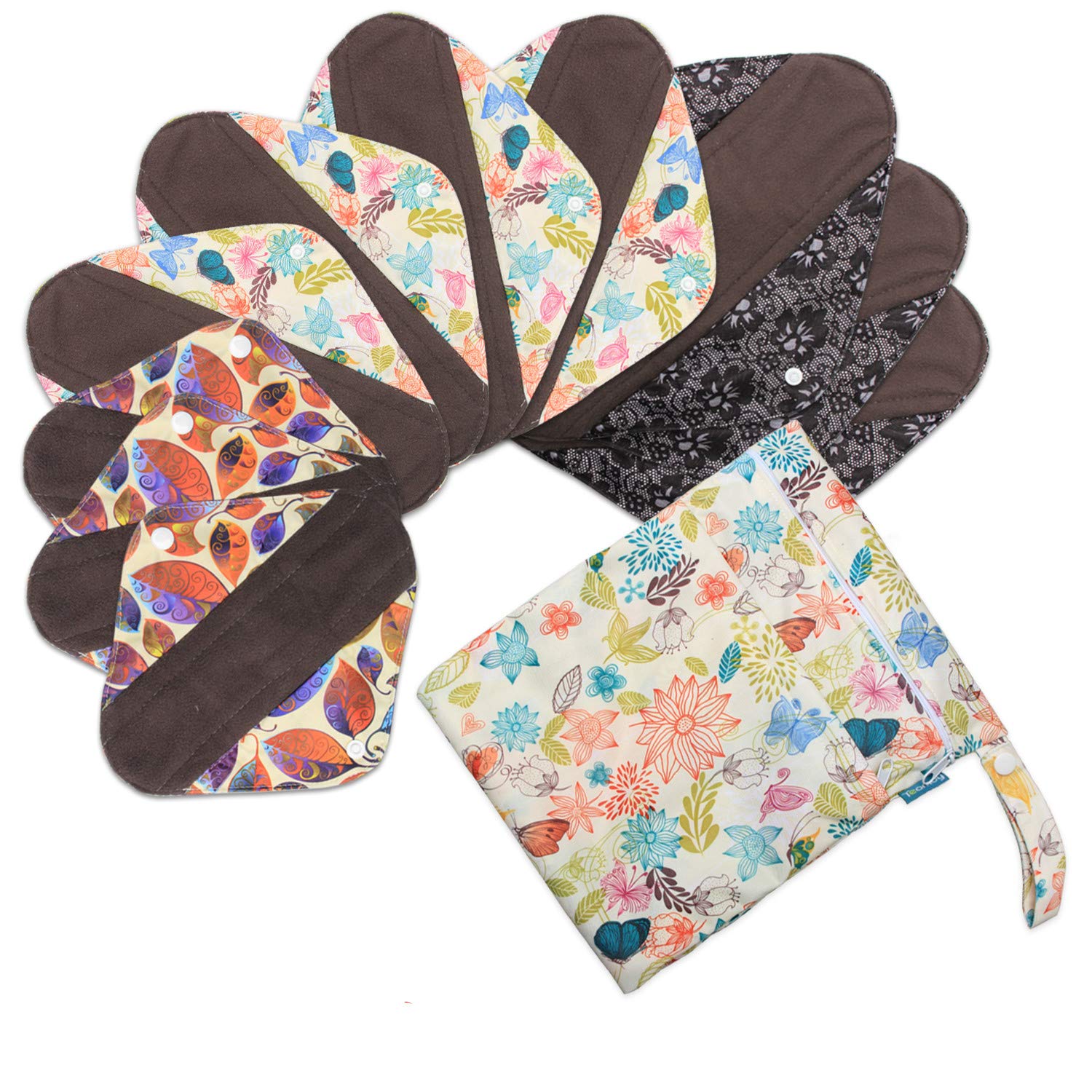 Teamoy Reusable Sanitary Pads(Pack of 10) for Women, with Wet Dry Bag, Washable Bamboo Sanitary Towels (3pcs × 20cm + 4pcs × 25.4cm + 3pcs × 29.5cm)
