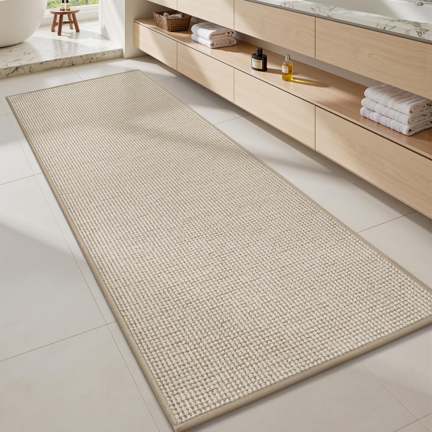 Photo 1 of MontVoo Bathroom Runner Rugs,Chenille Absorbent Bath Mat Runner Quick Dry Rubber Backed Bath Runners Non Slip Washable Long Bathroom Rugs,Ultra Thin Bath Rugs Fit Under Door,17"x59",Beige