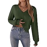 Zeagoo Women's 2025 Fall V-Neck Cropped Sweater Trendy Long Latern Sleeve Ribbed Knit Pullover Crop Tops