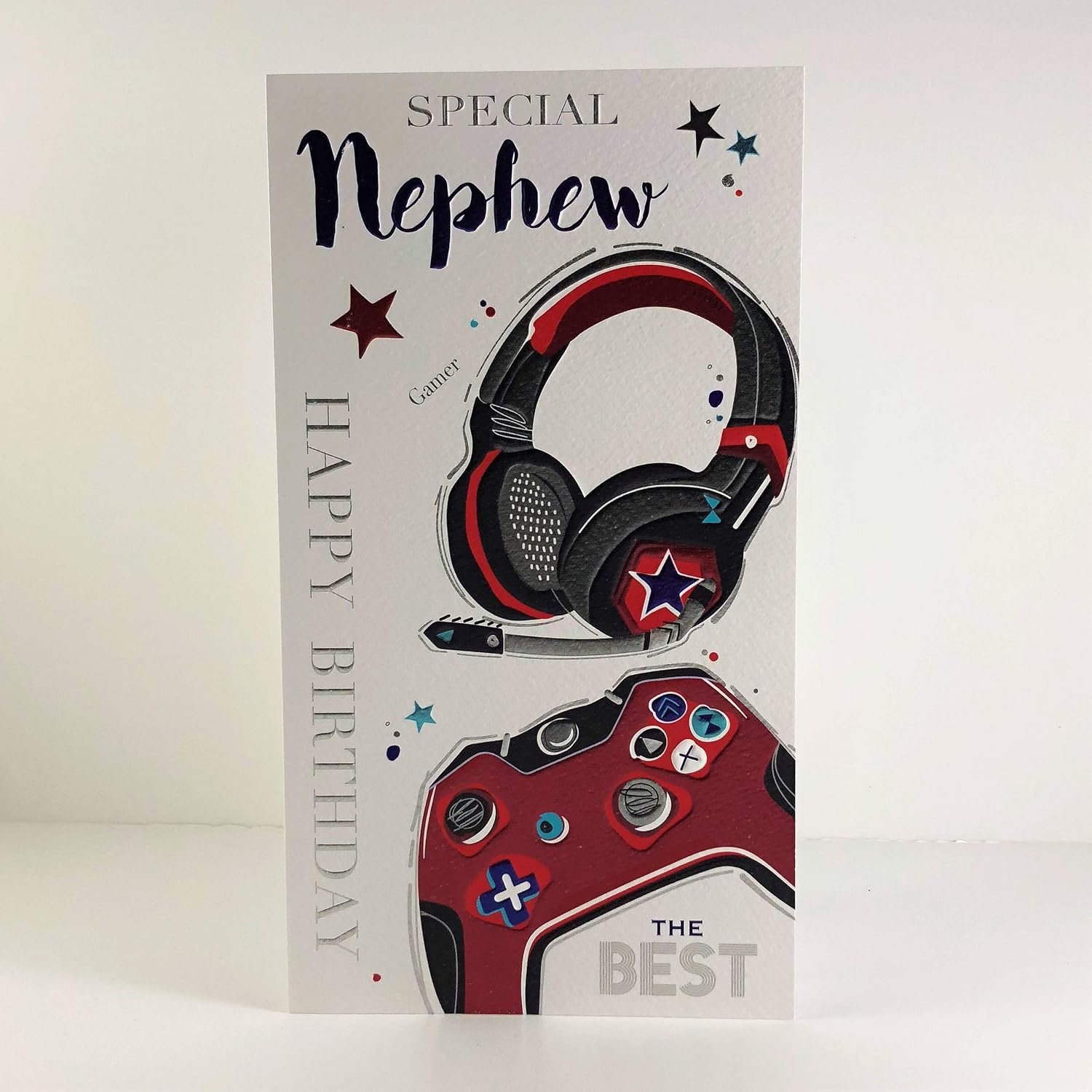 Jonny Javelin Special Nephew Happy Birthday Card - Gaming, black|beige|red