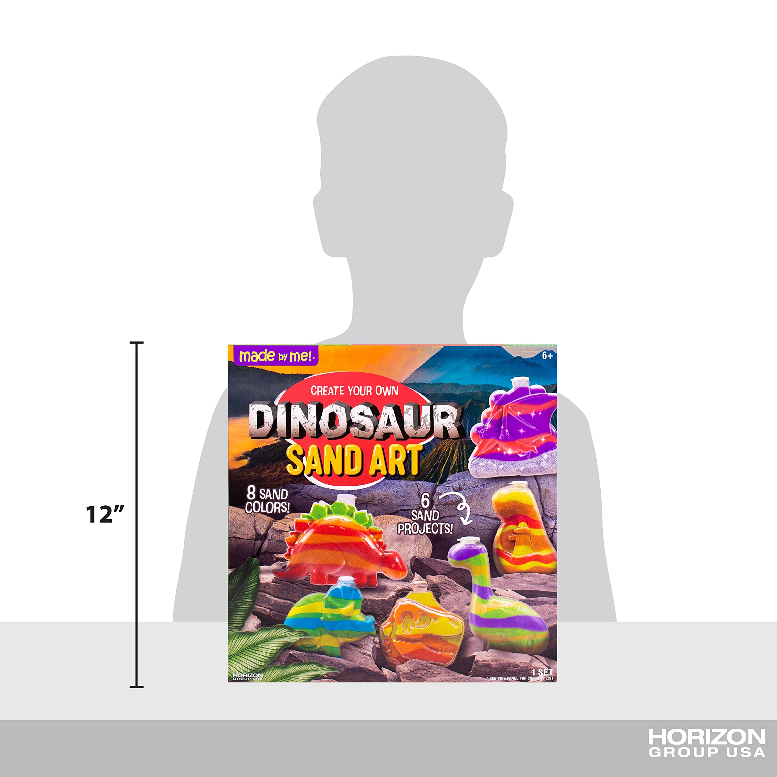Made By Me Create Your Own Dinosaur Sand Art by Horizon Group USA, Includes 6 Dino-Themed Bottles with Caps, 8 Sand Colors, Glitter, Funnel & More, Multi