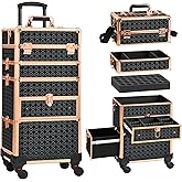 GALHUBIS Makeup Train Case with Drawer, Rolling Makeup Case, Cosmetology Case on Wheels, Gift, Large Makeup Case Organizers, Professional for Salon Barber, Nail, Tattoo, Black Gold