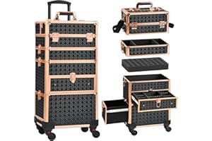 GALHUBIS Makeup Train Case with Drawer, Rolling Makeup Case, Cosmetology Case on Wheels, Gift, Large Makeup Case Organizers, Professional for Salon Barber, Nail, Tattoo, Black Gold