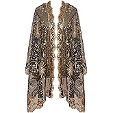 L'VOW Women's Glittering 1920s Scarf Mesh Sequin Wedding Cape Fringed Evening Shawl Wrap