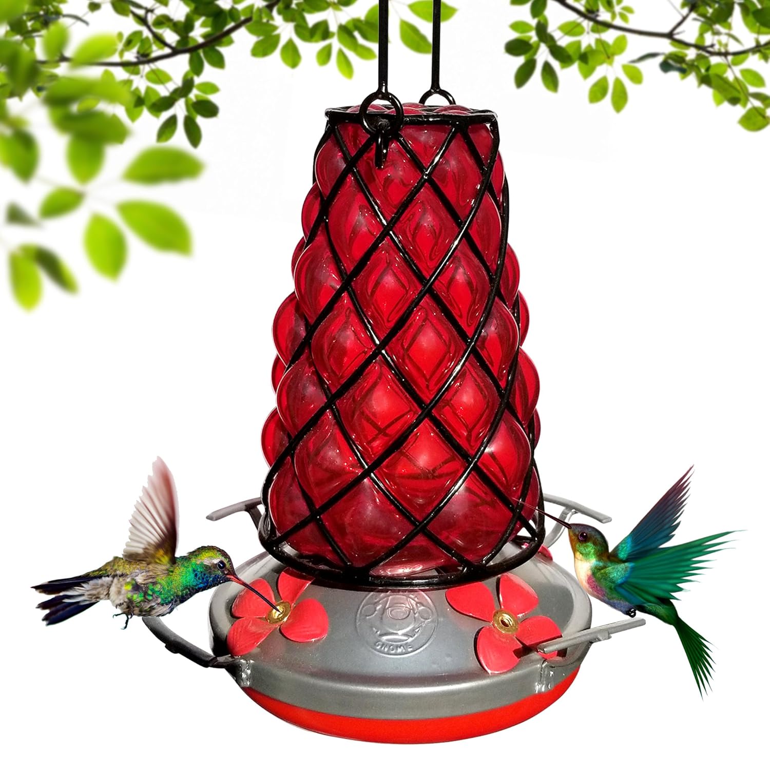 Grateful Gnome Hummingbird Feeder Hand Blown Glass Red