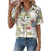 Rapbin Womens Short Sleeve Button Down Shirts Casual V Neck Collared Blouses Work Tops