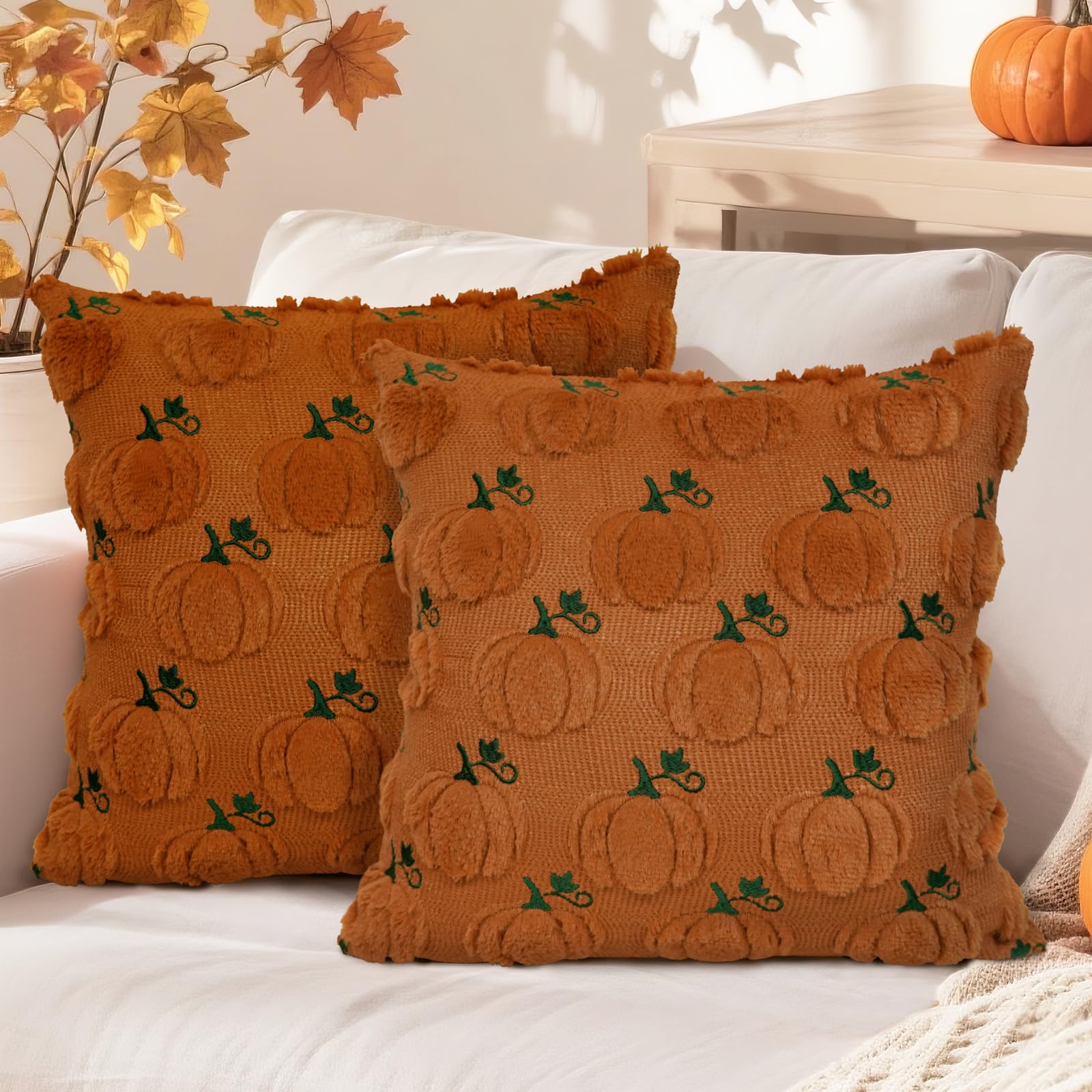 Photo 1 of MEHOFOND Fall Pillow Covers 18x18 Set of 2 Pumpkin Decorations Autumn Soft Plush Faux Fur Throw Pillow Cases 3D Embroidered Thanksgiving Harvest Cushion Case for Sofa Bedroom Living Room Home Decor