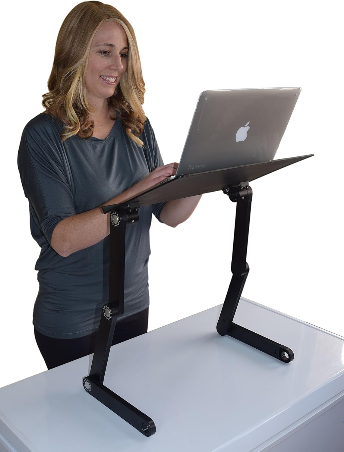WorkEZ Best Adjustable Laptop Cooling Stand & Lap Desk for Bed Couch w/Mouse Pad. Ergonomic Height Angle tilt Aluminum Desktop Tray Portable MacBook pro Computer Riser Table Cooler Folding Holder : Office Products
