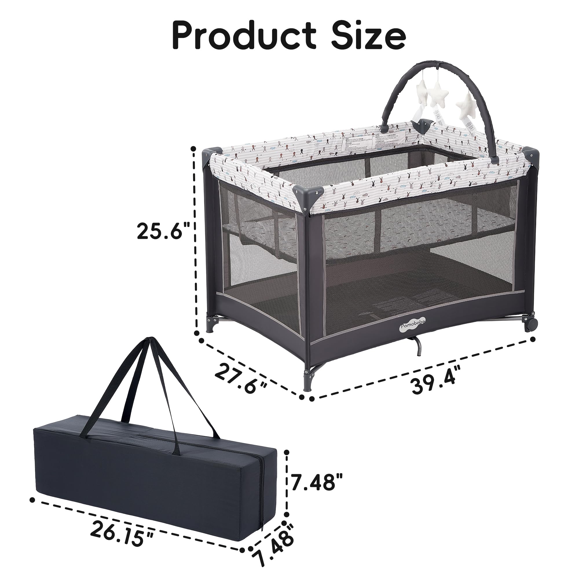 Pamo Babe Portable Playard,Sturdy Play Yard with Padded Mat and Toy bar with Soft Toys