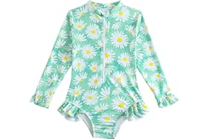 JZyangmei Toddler Girls Rash Guard Swimsuit Long Sleeve One Piece Zipper Ruffle Bathing Suit UPF 50+ Beach Swimwear 2-8Y