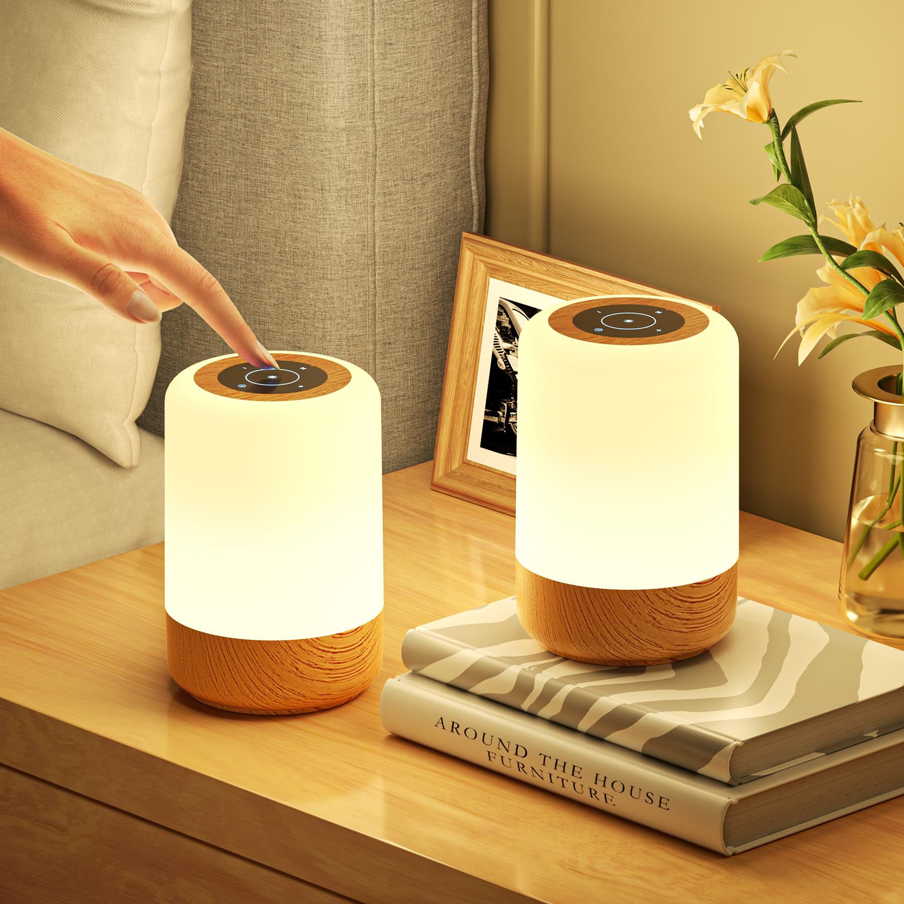 Görvitor Bedside Lamp, Set of 2, Touch Dimmable with 8 Colours, 3 Modes, Wood Grain LED Table Lamp, Wireless USB Rechargeable with Timer, Baby Night Light, Children, Nursing Light, Dimmable