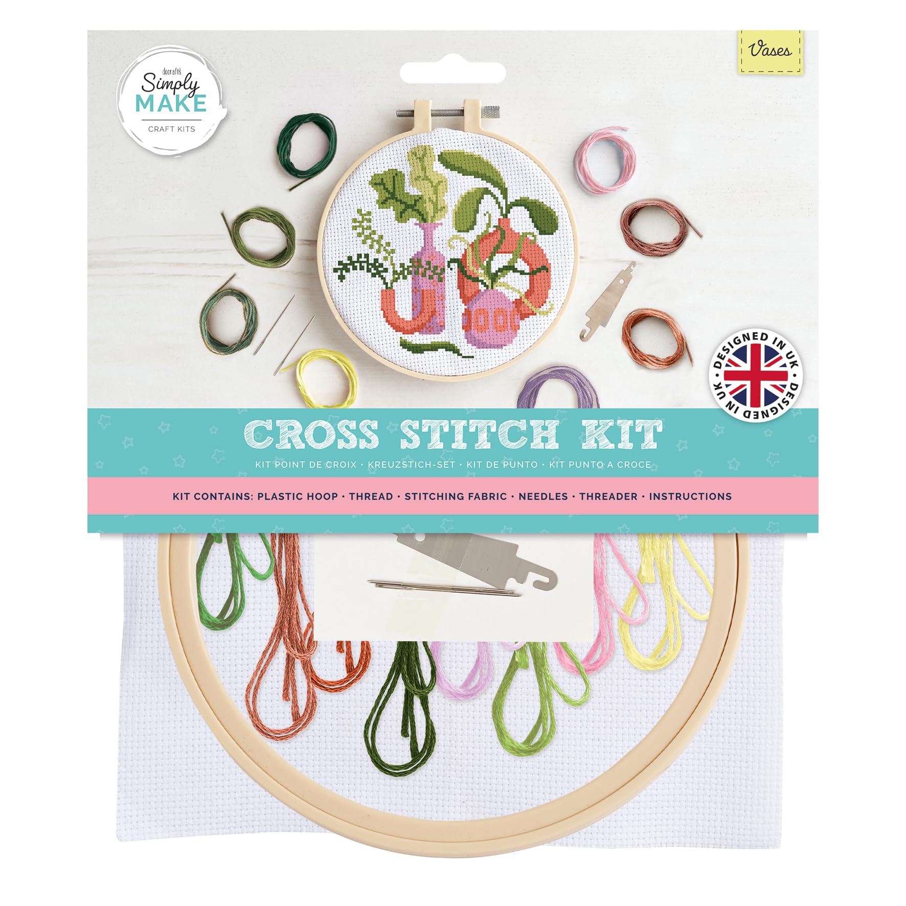 Simply Make Cross Stitch Kit, Vases, Multicoloured, Single Craft Kit, Cross Stitch Kits for Adults, Sewing Kit and Embroidery Kit for Home Crafts, Embroidery Threads Included — image 1