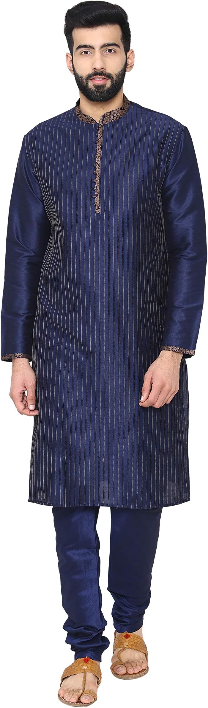 Manyavar Men's Regular Fit Banded Collar Designer Kurta & Churidar Set