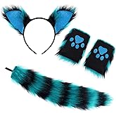 Pistha Faux Fur Cat Wolf Fox Costume Accessories Ear Headband Gloves Wolf Fox Tail Set for Halloween Xmas Cosplay Costume Accessory