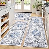 Ileading Boho Kitchen Rugs Set of 3 Washable Kitchen Mats for Floor Non Skid Farmhouse Floor Carpet for Kitchen Hallway Laundry Room,Grey/Blue,20"x32"+20"x48"+20"x59"