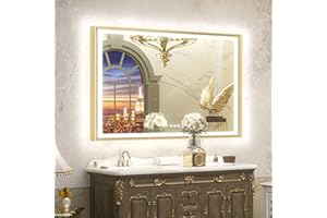 TETOTE 48x36 LED Mirror for Bathroom Gold Metal Frame Frontlit & Backlit Lighted Vanity Mirror Baroque Anti Fog Stepless Dimmable White/Warm/Natural,CRI90+,Waterproof,Wall Mounted(Horizontal/Vertical)