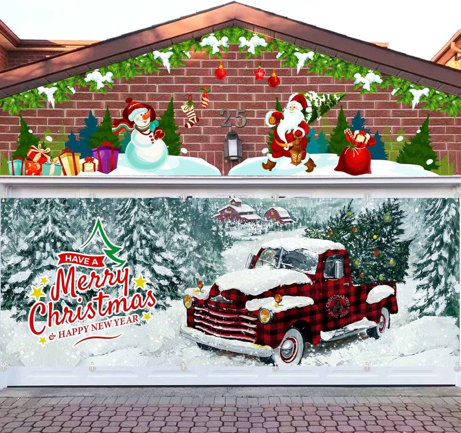 Garage Door Decorations - Arosche Extra Large Christmas Garage Door Cover 6 * 16Ft Christmas Garage Door Decorations Have a Merry Christmas Red Truck Background Party Supplies for Garage Door Cover, Phoyography, Party Decor