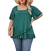 Angelips Womens Plus Size Tops Dressy Casual Blouses Square Neck Ruffle Hem Tunic Summer Going Out Shirts Short Sleeve 2025