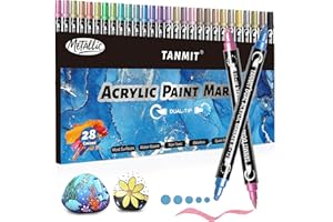 TANMIT 28 Metallic Colors Acrylic Paint Markers, Dual Tip Acrylic Paint Pens for Rock Painting, Black Paper, Wood, Canvas, Stone, Glass, Ceramic, DIY Crafts Making Art Supplies (Brush Tip and Round Tip)