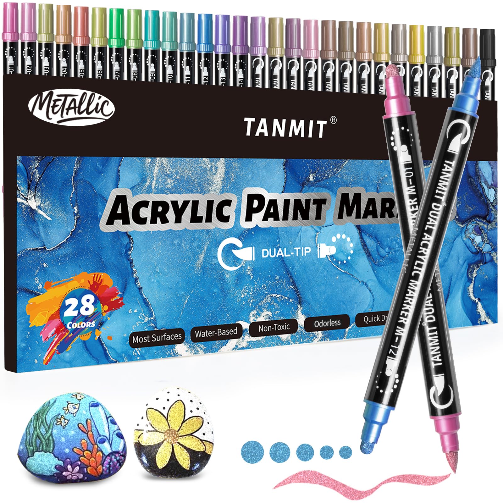 Photo 1 of 28 Metallic Colors Acrylic Paint Markers, Dual Tip Acrylic Paint Pens for Rock Painting, Black Paper, Wood, Canvas, Stone, Glass, Ceramic, DIY Crafts Making Art Supplies (Brush Tip and Round Tip)