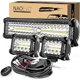 NAOEVO 12Inch LED Light Bar and 2PCS 4Inch Pod Lights with 3-Lead Harness | 420W 42000LM Spot Flood Combo LED Off Road Light Bar, Waterproof LED Driving/Fog Lights for Truck ATV Boat, 1 Year Warranty