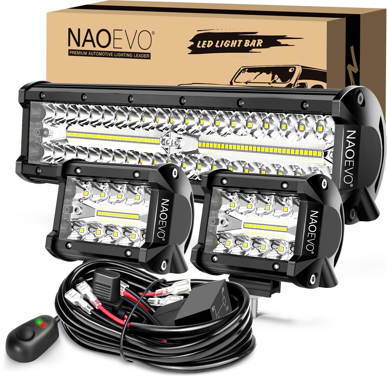 Photo 1 of NAOEVO 12Inch LED Light Bar and 2PCS 4Inch LED Pod Lights, 420W 42000LM LED Fog/Driving/Off Road Lights Bar, Spot Flood Combo LED Light Bar with Wiring Harness Kit-3 Lead for Truck ATV Boat