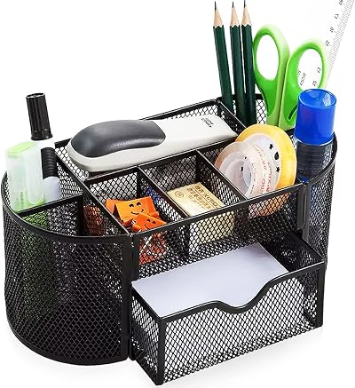 Cayxenful Mesh Desk Organizer 9 Compartments 1 Drawer Black Office Storage