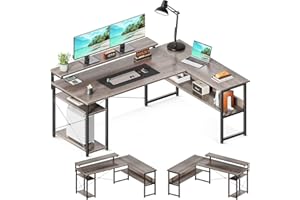ODK L Shaped Computer Desk, 61" Reversible L Shaped Desk, Corner Computer Desk with Storage Shelves & Monitor Stand, Home Office Desk, Gaming Desk, Corner Desk, Writing Desk, Grey Oak