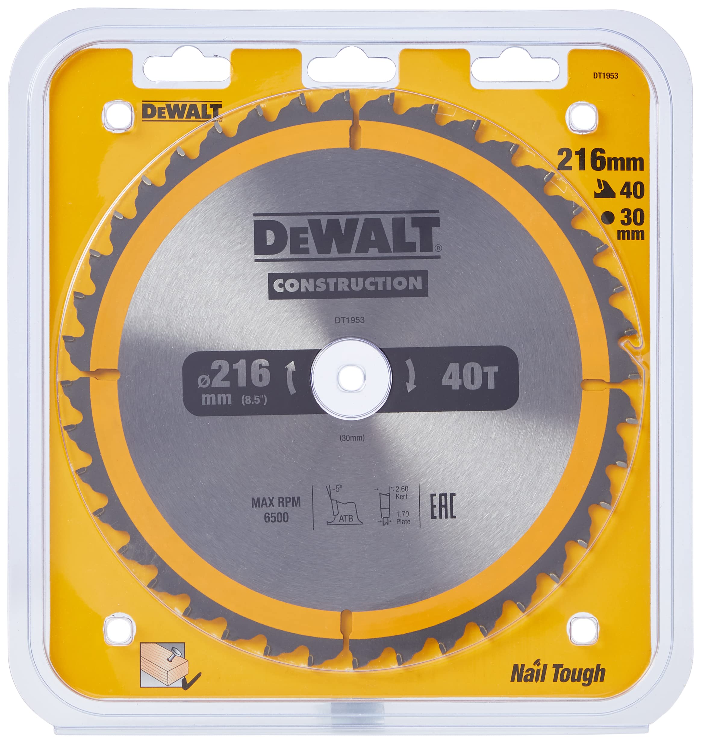 DEWALT DT1953-QZ CONSTRUCTION 216mm x 30mm 40T Circular Saw Blade